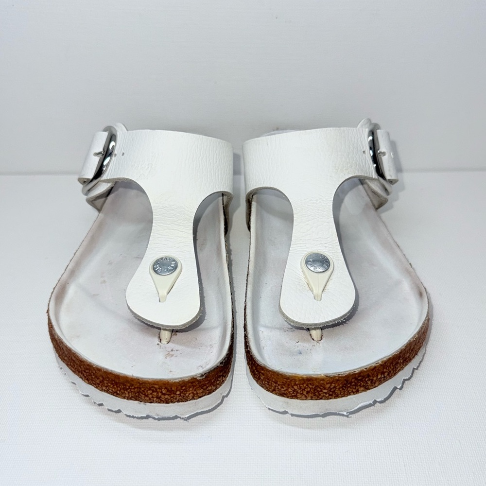Birkenstock White Thong Sandals with Silver Buckle - Picture 3 of 9